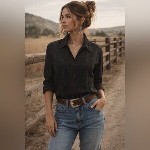 Scully Black Embroidered Western Blouse Fitted Waist 3/4 Sleeves Boho Rodeo XL